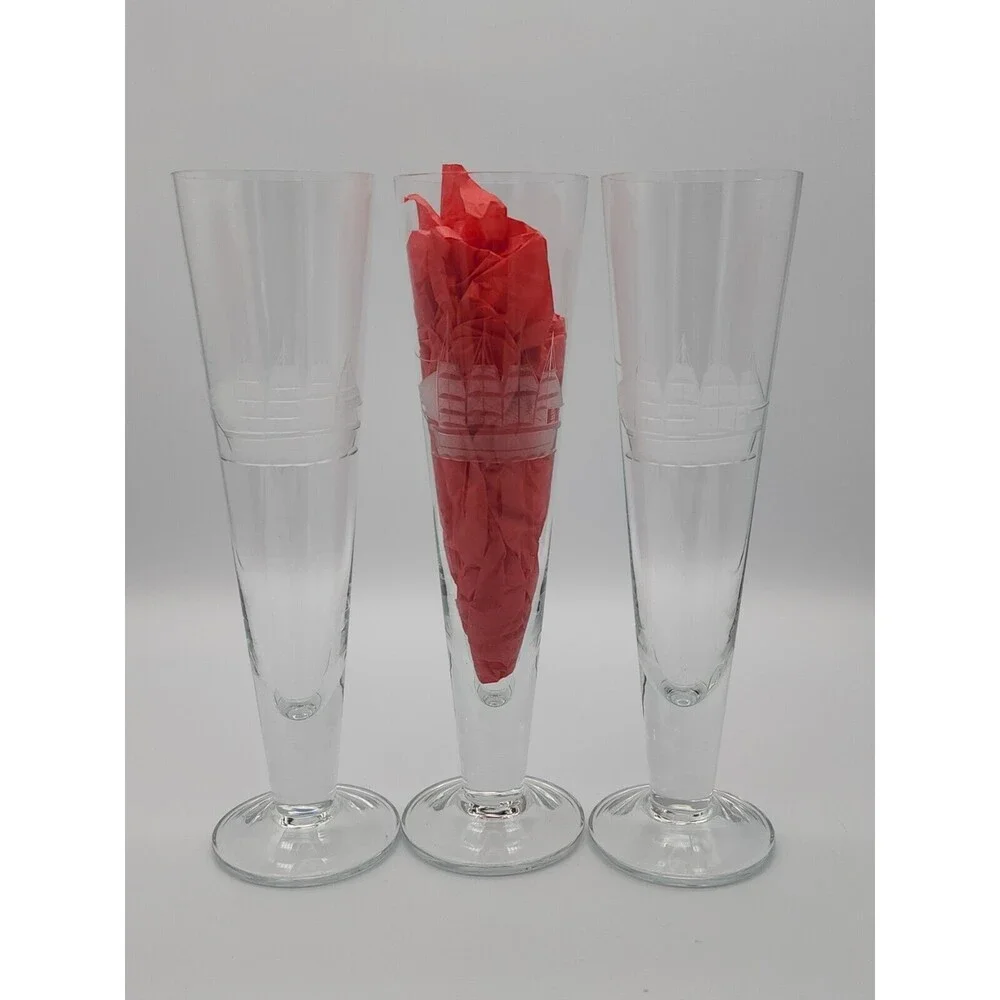 VTG Crystal Etched Pilsner Glasses Clipper Sailing Ship 10 1/8